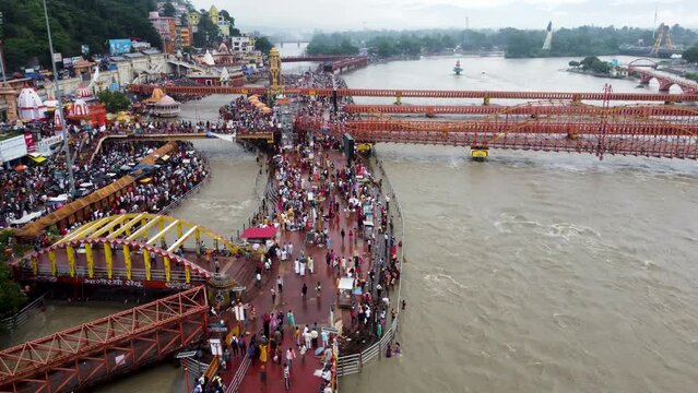 Aerial shot of the tourists in the Har ki Pauri Ganga Ghats in India