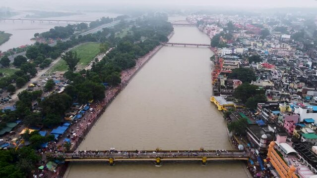 Aerial shot of the tourists in the Har ki Pauri Ganga Ghats in India