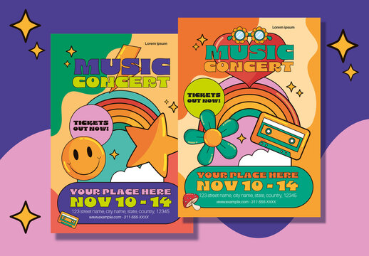 Colorful Retro Psychedelic Music Concert Poster Template