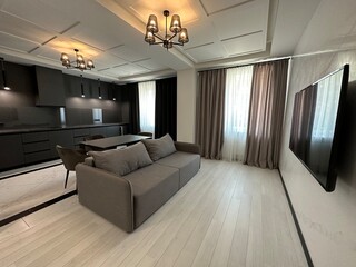 modern black kitchen studio with grey sofa and tv