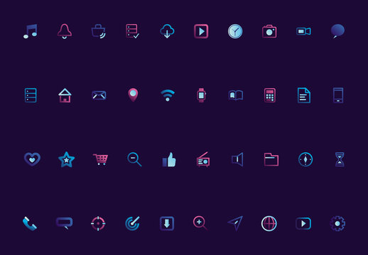 Neon Gradient UI Icons Technology Digital Set. Futuristic Interface Icons Set