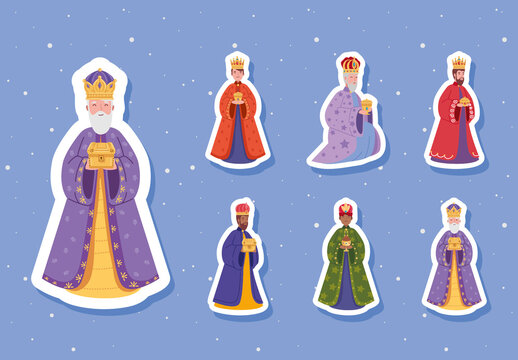 Blue And Orange Epiphany Three Kings Camel Wise Men Illustrations Set