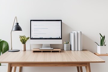 Minimalistic workplace with computer, supplies and decorations on wooden table