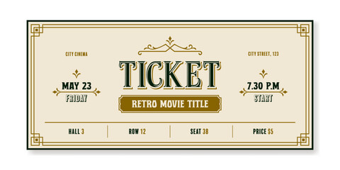 Movie ticket template in vintage style on a light background. For cinemas, parties, clubs, concerts and other retro events. Vector, printable. Just add your text. - obrazy, fototapety, plakaty
