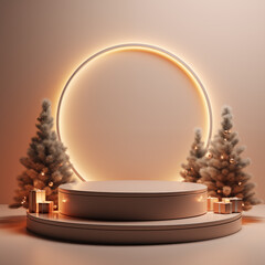 Christmas podium for branding and packaging presentation. Product display with gift boxes, christmas tree and snow. Christmas showcase. Cosmetic and fashion. 3d illustration. 3d render