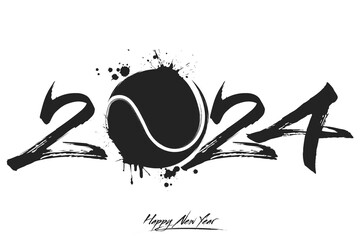 Happy New Year 2024 and tennis ball - obrazy, fototapety, plakaty