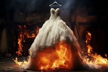 Burning wedding dress in the flames of the fire. Background with selective focus and copy space