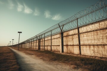 Fence with barbed wire. Prison or border. Background with selective focus and copy space