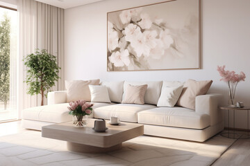 Interior of modern room with comfortable sofa. Blurred Modern white living room interior with sofa, furniture and flowers