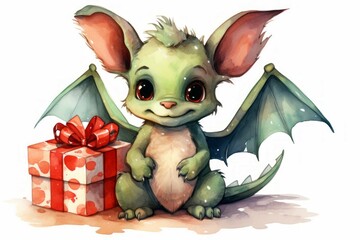 Watercolor drawing of a dragon. Merry Christmas and Happy New Year concept. Background with copy...