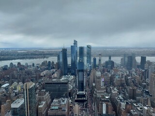 Aerial drone shot of the famous skyscrapers in New York City, United States
