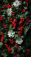 Christmas background with holly, mistletoe, pine cones and red berries.