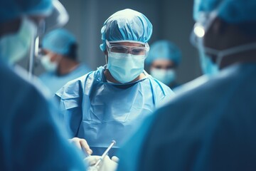 Medical team of surgeons doing minimal invasive surgical interventions - obrazy, fototapety, plakaty