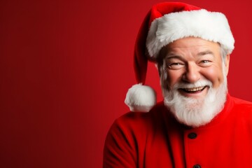 Santa Claus on a red Christmas backdrop. Portrait with selective focus and copy space