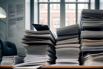 Pile of business papers on desk in office. Stack of documents