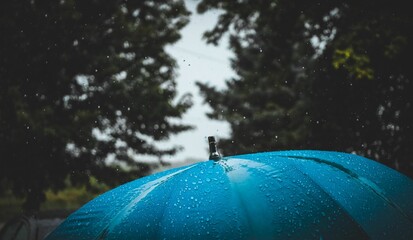 Beautiful shot of rain droplets splashing on a blue umbrella in a park