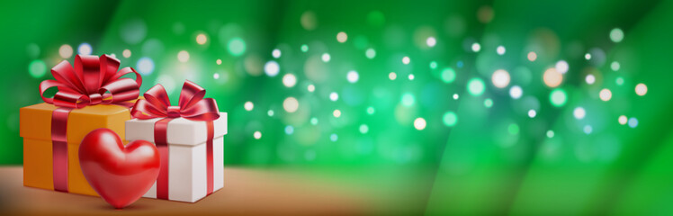 Valentine's day illustration with big red heart and several colored gift boxes with ribbons and bows on a green blurred background with bokeh effect