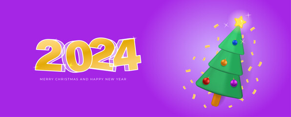2024 Happy New Year. Realistic Christmas tree. Celebrate party 2024. Christmas3d text. Load party concept. Xmas Poster, banner, cover card, brochure, flyer design. Vector illustration
