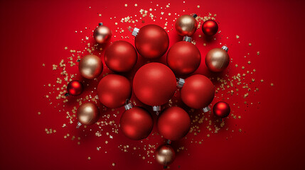Christmas balls arranged on a red background