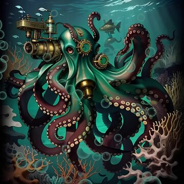 Steampunk Octopus. Generative AI. Morphing video of underwater steampunk octopus.