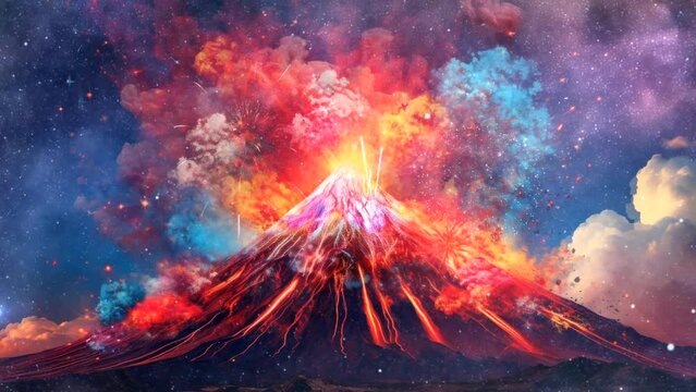 erupting volcano of mountain firework smoke party abstract colorful video background footage looping 4k