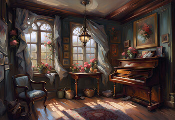 the interior of a old fashioned room with pictures on the walls and piano with sunlight reflected on the floor - obrazy, fototapety, plakaty