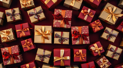 Red and gold gift boxes with ribbons on red background.
