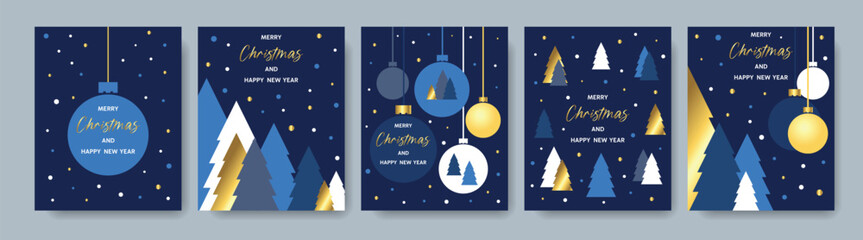 Christmas and New Year cards. Set of cards with Christmas trees and balls. Greeting card, banner, poster.