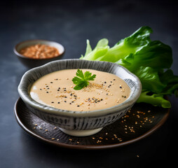 Homemade sesame sauce in stone bowl with fresh green salad and sesame seeds on background.