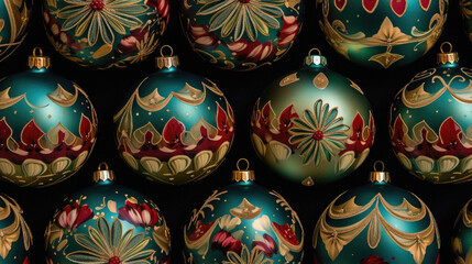 Seamless pattern of Christmas baubles on a black background.