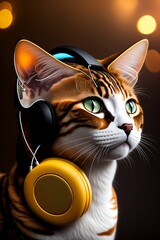a cat wearing headphones sits and looks away from the camera