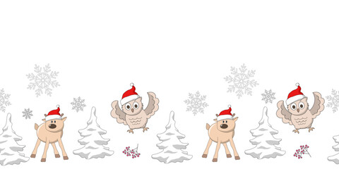 Owls and deer in a red Santa hat among snow-covered fir trees. Seamless border on a white background, decorated with red berries and snowflakes. Vector illustration. Copy space.