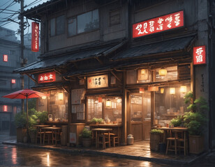 Japanese ramen shop that opens on rainy evenings. without people, anime drawing style