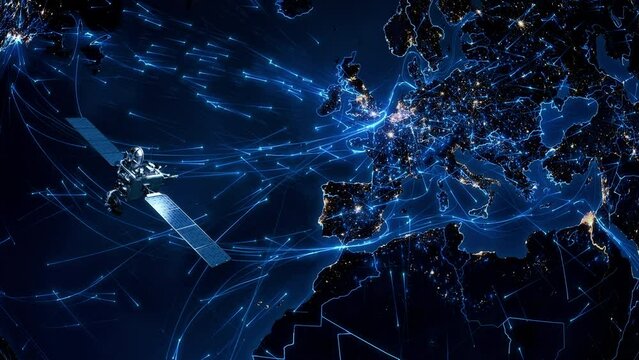 Animation of Satellite sending Signals to Europe. Planet Earth Rotating, Country Borders and City Lights Shining Brightly. Telecommunication, Internet and Surveillance Concepts.