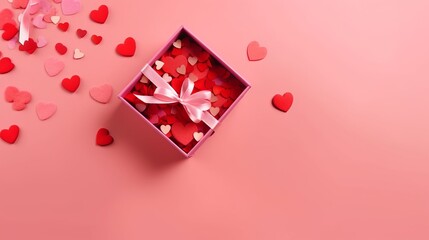 Pink gift box with red bow on pink background with red hearts. Holiday web banner. Top view.. The concept of holiday surprise for Valentines Day, New Year or Christmas. Valentines Day concept.