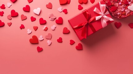 Pink gift box with red bow on pink background with red hearts. Holiday web banner. Top view.. The concept of holiday surprise for Valentines Day, New Year or Christmas. Valentines Day concept.