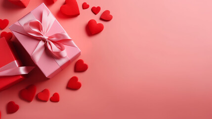 Pink gift box with red bow on pink background with red hearts. Holiday web banner. Top view.. The concept of holiday surprise for Valentines Day, New Year or Christmas. Valentines Day concept.