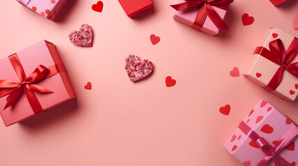Pink gift box with red bow on pink background with red hearts. Holiday web banner. Top view.. The concept of holiday surprise for Valentines Day, New Year or Christmas. Valentines Day concept. - obrazy, fototapety, plakaty