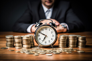 abstract businessman, alarm clock and coins with banknotes on a wooden table surface as a concept for the value of time or a balanced distribution of work and rest