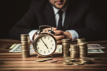 abstract businessman, alarm clock and coins with banknotes on a wooden table surface as a concept for the value of time or a balanced distribution of work and rest - obrazy, fototapety, plakaty