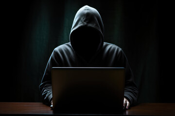 faceless hacker at a table near a working laptop in a dark room