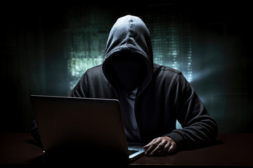 An unidentifiable hacker is working on a laptop in a room with minimal lighting