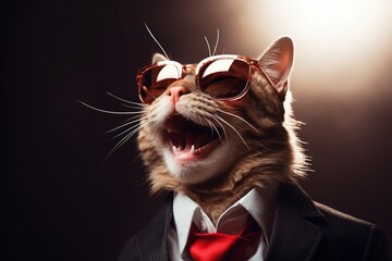 laughing cat with glasses and suit - 678424311