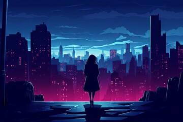 Lonely girl at night city - 678424313
