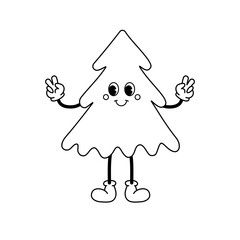 Vector groovy retro cartoon Christmas tree isolated on white background