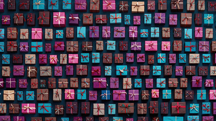 Top view of many gift boxes on blue background.