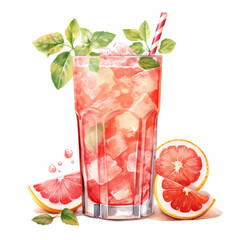 Watercolor hand painted fresh grapefruit lemonade drink glass simple sketch illustration isolated on white background. Hand drawn clip art for menu, ads, banners and poster designs.