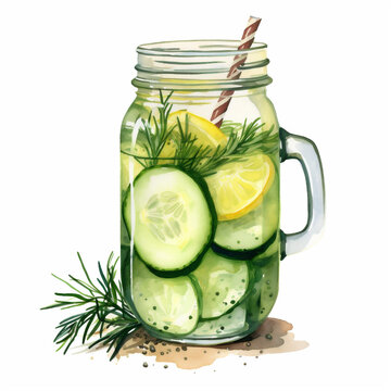 Watercolor hand painted fresh cucumber lemonade drink glass simple sketch illustration isolated on white background. Hand drawn clip art for menu, ads, banners and poster designs.