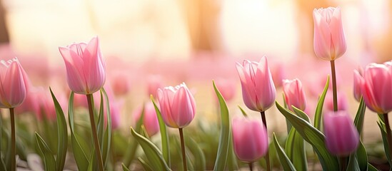 Pink tulips in front of a blurry backdrop - obrazy, fototapety, plakaty