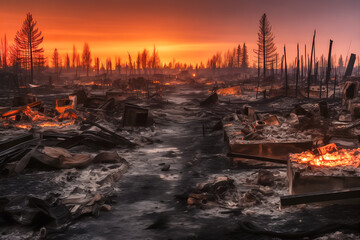 A destroyed village on fire. Missile attack in the city or or natural disaster